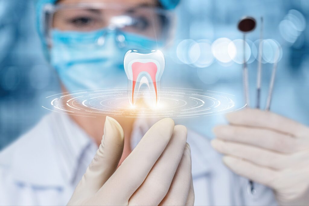 Dentist in gloves and mask holding dental tools with a digital 3D tooth model overlay, illustrating the internal structure—representing a root canal procedure.
