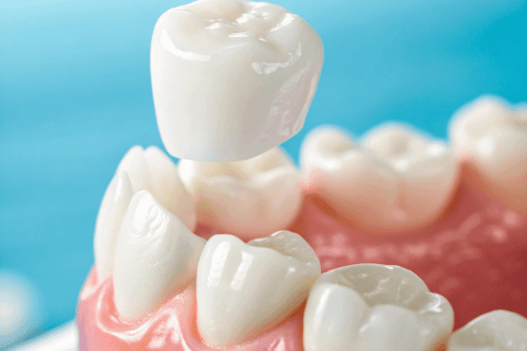 A 3D model showing a dental crown being positioned above a prepared tooth.