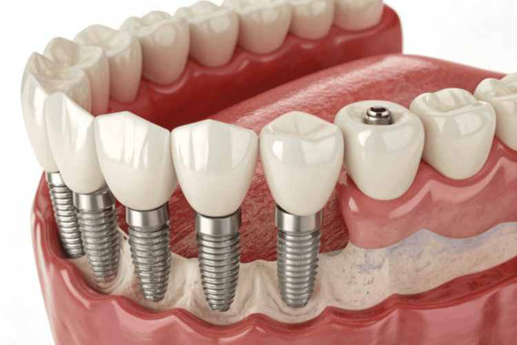 A close-up 3D model showing multiple dental implants embedded in the jawbone with attached artificial teeth.