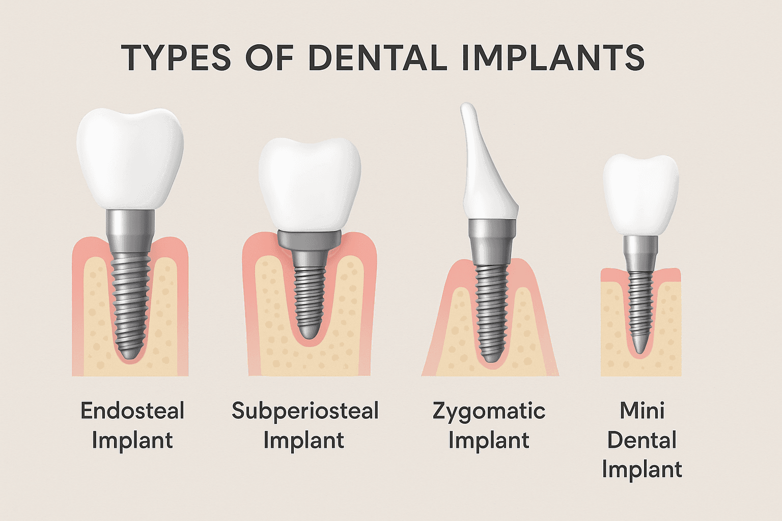 Types of dental implants: endosteal, subperiosteal, zygomatic, and mini implants.