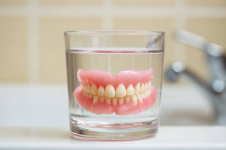 Dentures soaking in a glass of water on a bathroom sink.