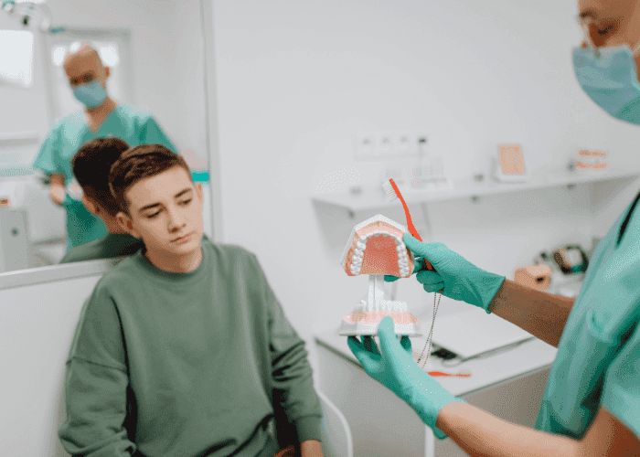 Dentist explaining a dental model to a patient during an in-office consultation.