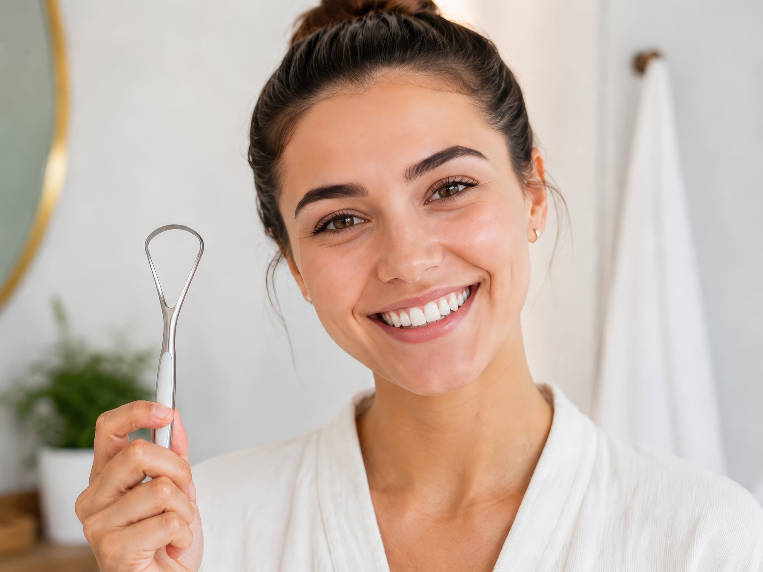 Cheerful woman smiling while holding a tongue scraper in a bright bathroom setting.