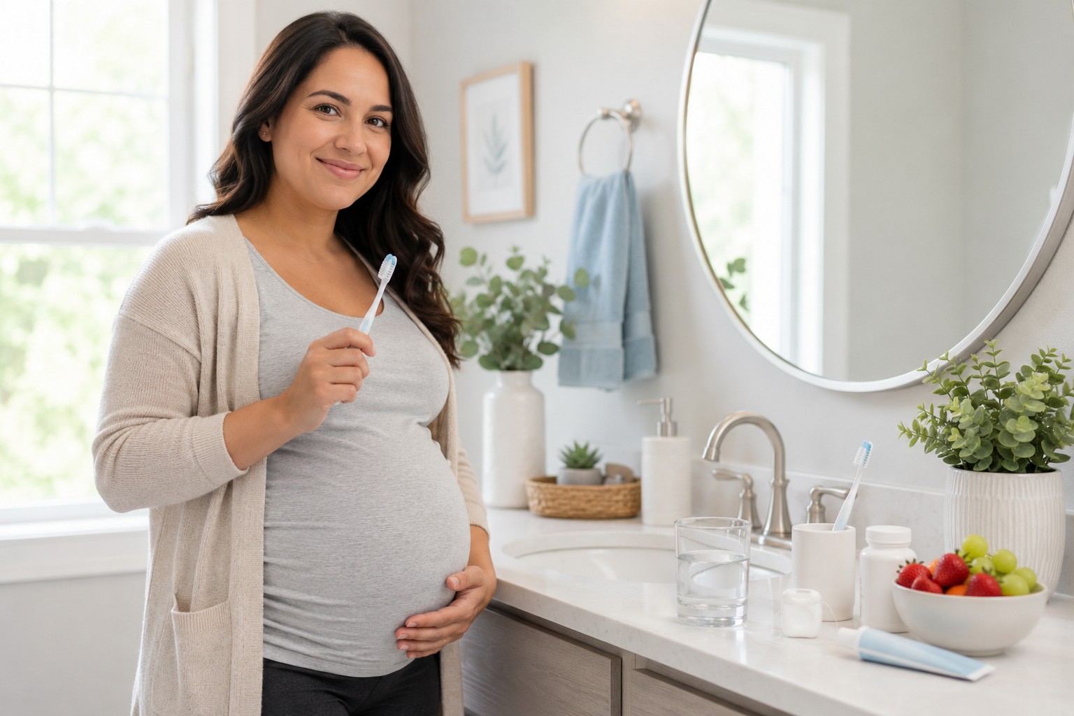 Dental Health During Pregnancy Pregnant adult smiling in a bright bathroom while holding a toothbrush, standing beside a sink with a glass of water, dental floss, and a small bottle on the counter.