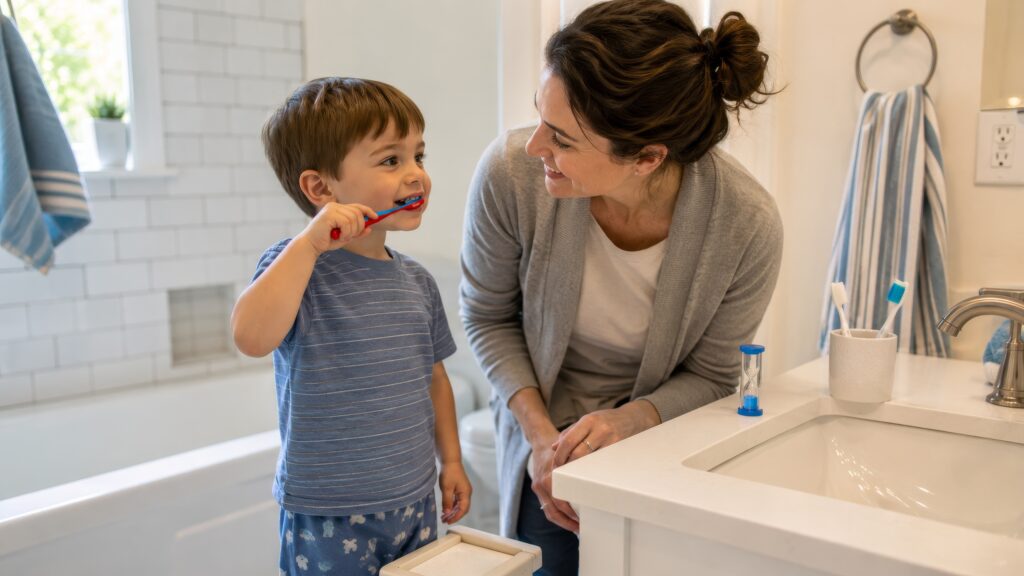 Parent gently guides a young child brushing their teeth in a bright modern bathroom, with a small step stool, toothbrush cup, timer, and soft morning light creating a warm family routine.