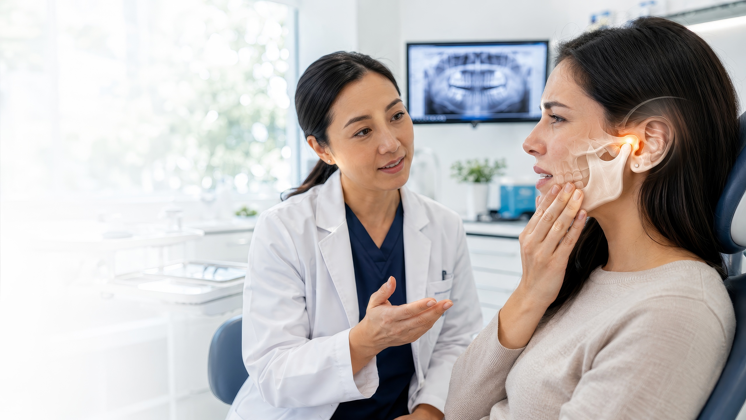 Jaw Pain Dentist speaking with a patient experiencing jaw pain, with a semi-transparent illustration highlighting the jaw joint near the ear.