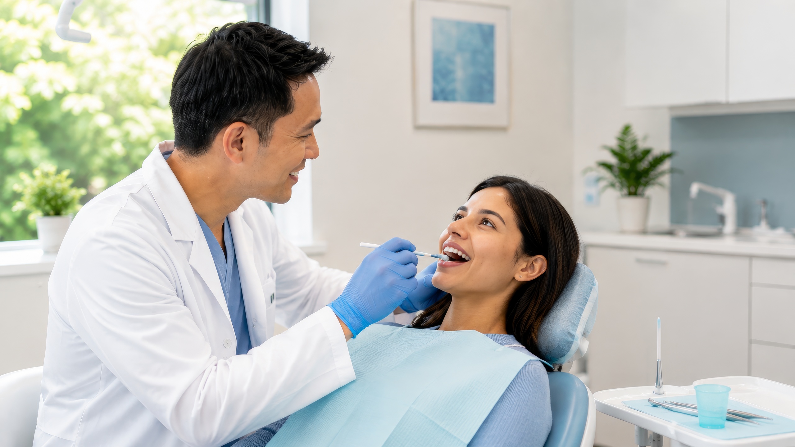 Flouride Treatment for All Ages Friendly dentist applying fluoride to a smiling adult patient during a dental cleaning in a bright, modern dental office with clean white surfaces and soft blue accents.