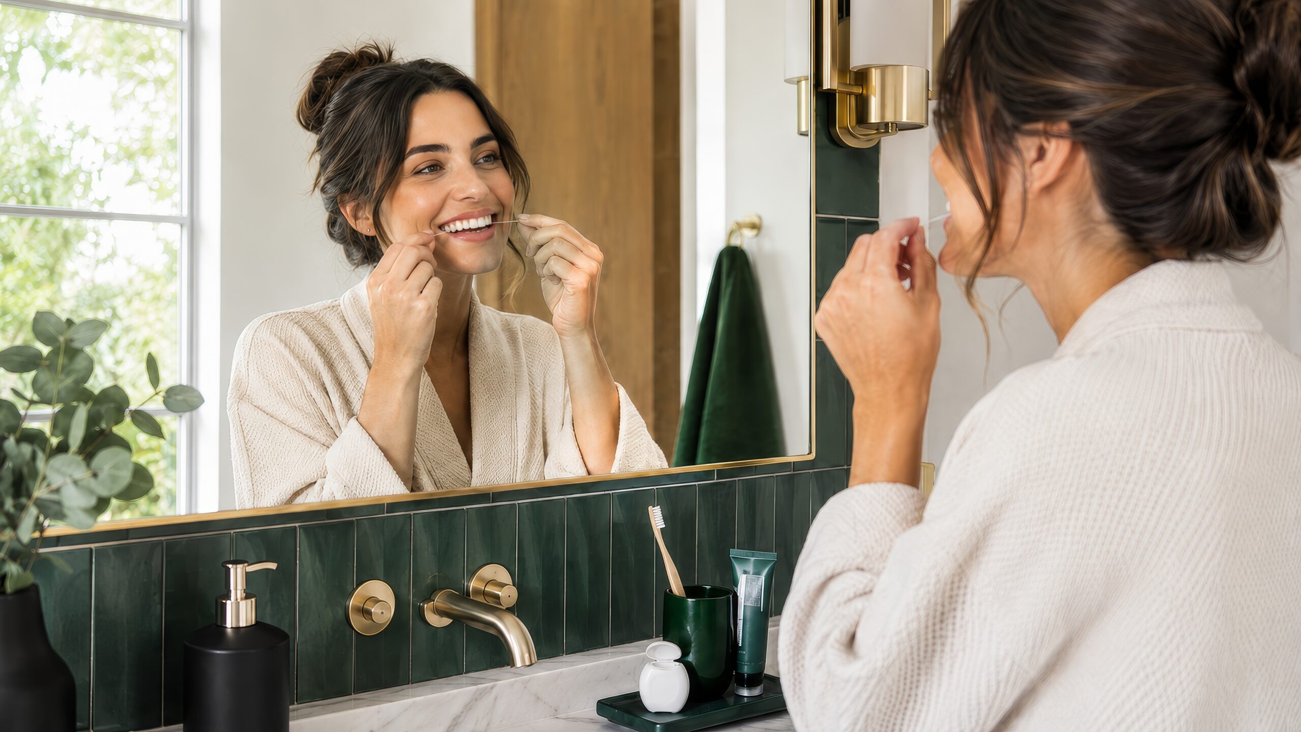 Smiling woman flossing her teeth in a bright, modern bathroom with green tile, gold fixtures, and neatly arranged dental care items on the counter.